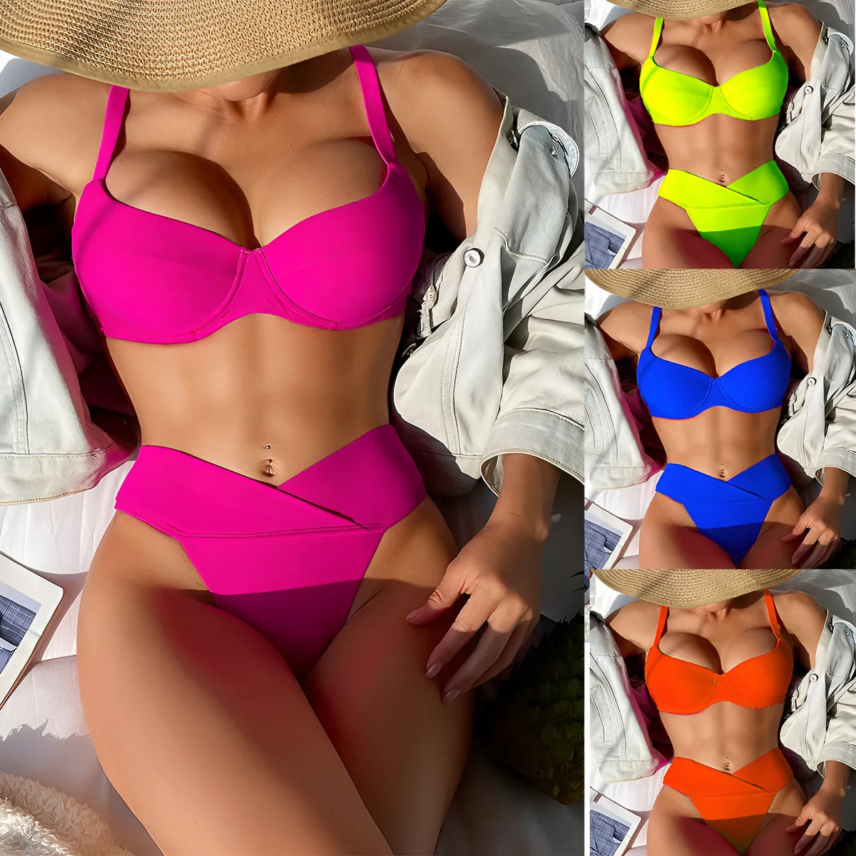 Women's solid colour bikini swimsuit with European American split style briefs design