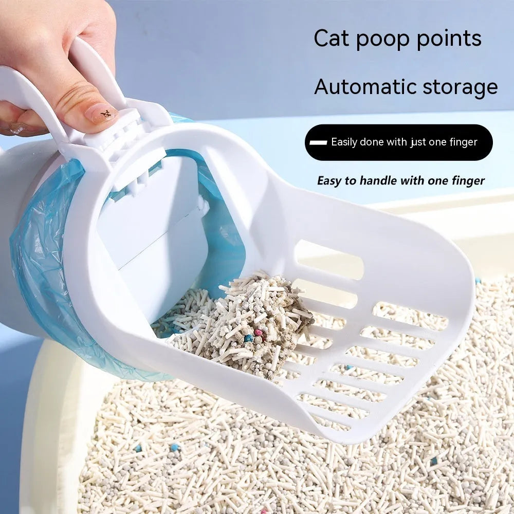 Grey, blue, and green cat litter scoop with attached foldable waste bin and refill bags.