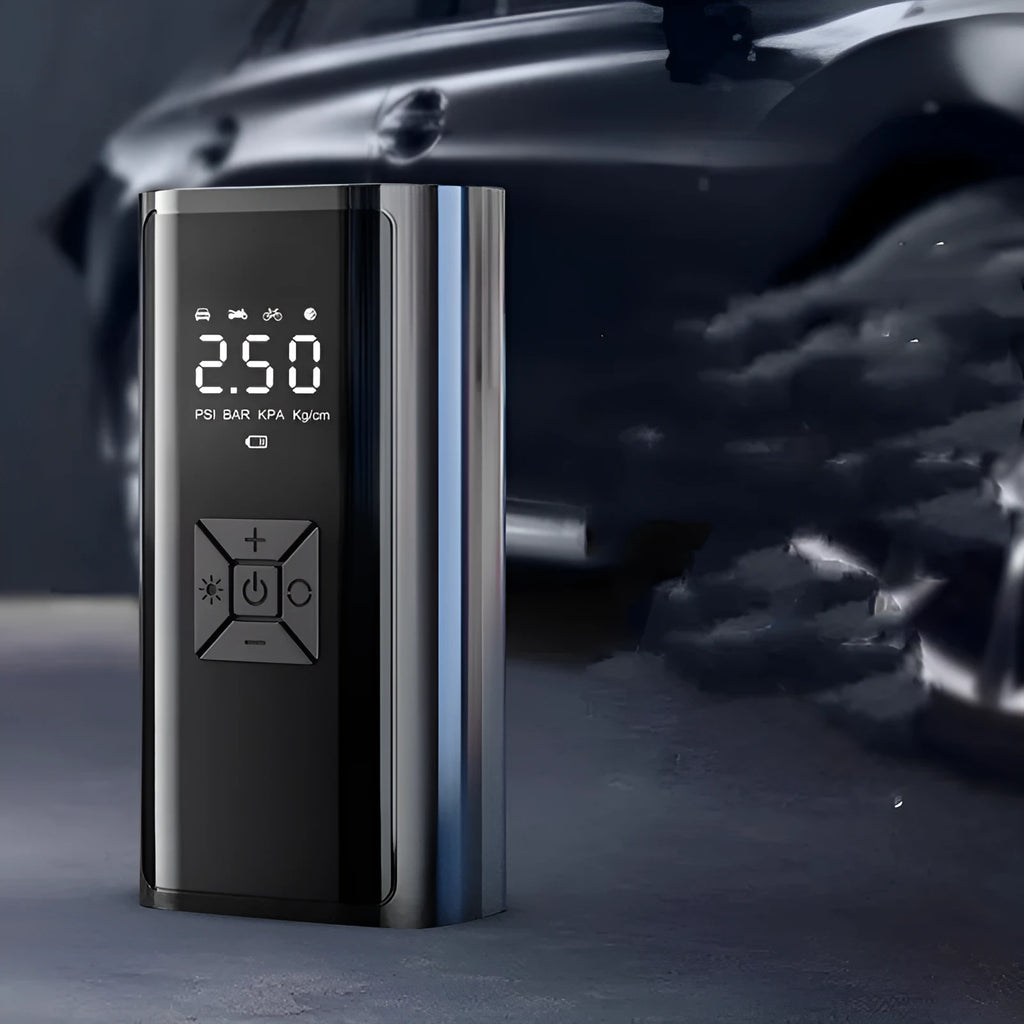 Portable wireless car tyre pump with digital display showing pressure reading