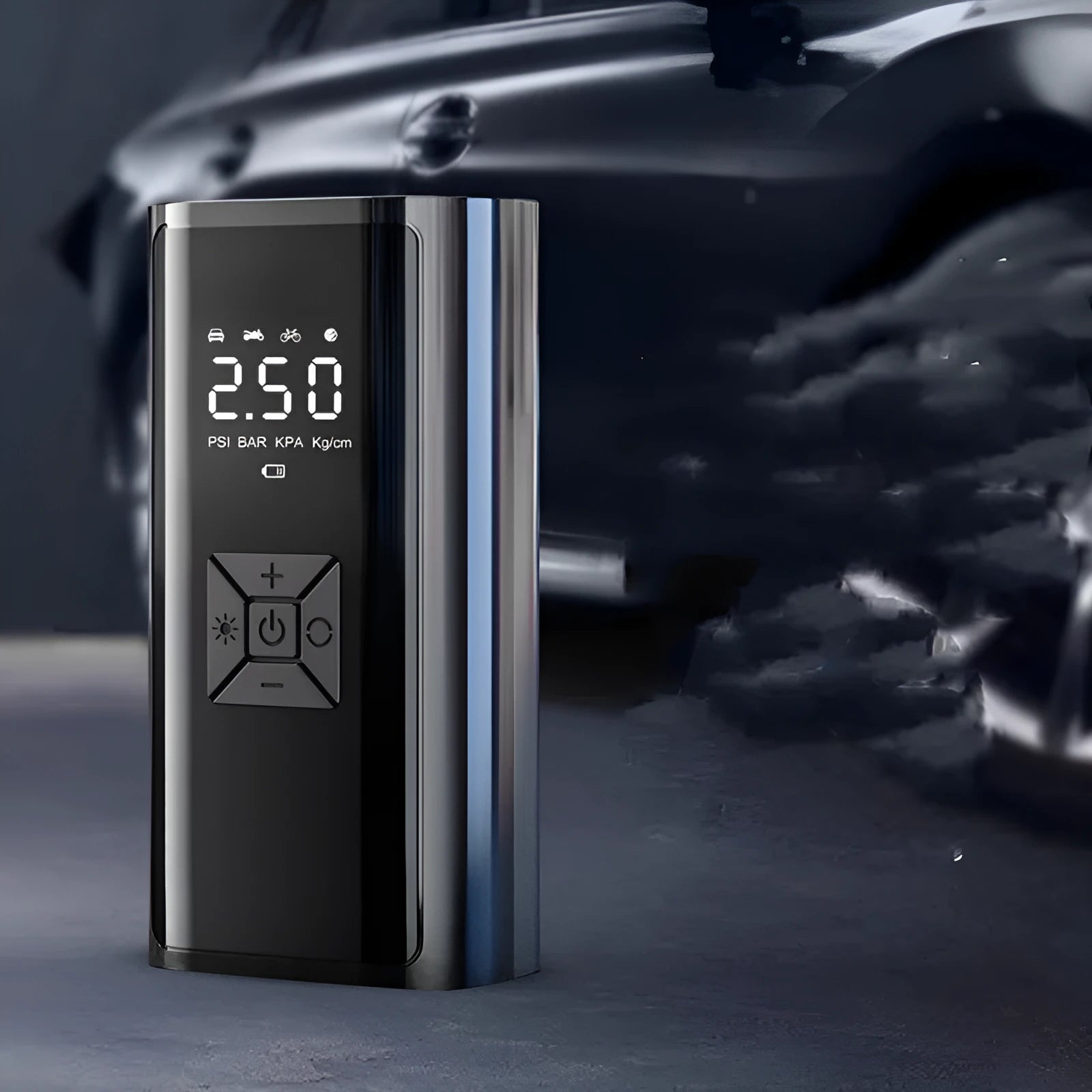 Portable wireless car tyre pump with digital display showing pressure reading