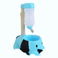 Plastic adjustable rod-lifting pet water bowl in blue, pink, or yellow.