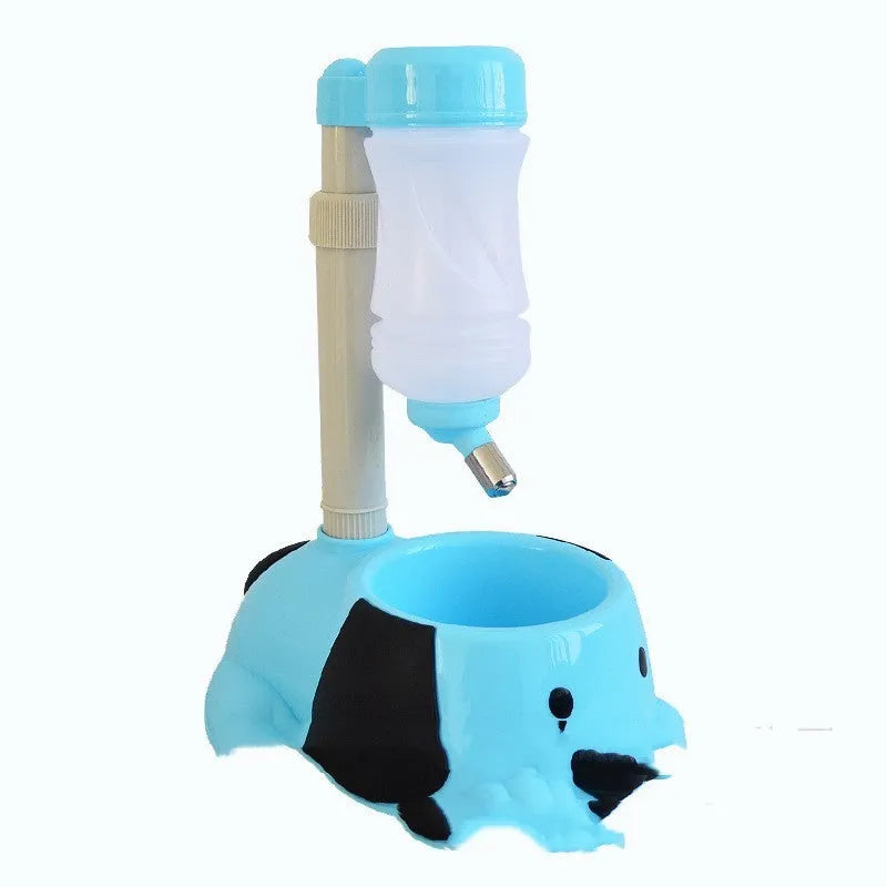 Plastic adjustable rod-lifting pet water bowl in blue, pink, or yellow.