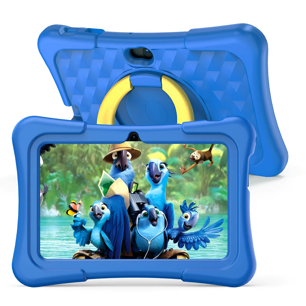 Blue children's educational tablet with a rotating handle and a silicone protective cover on a 7-inch screen