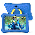 Blue children's educational tablet with a rotating handle and a silicone protective cover on a 7-inch screen