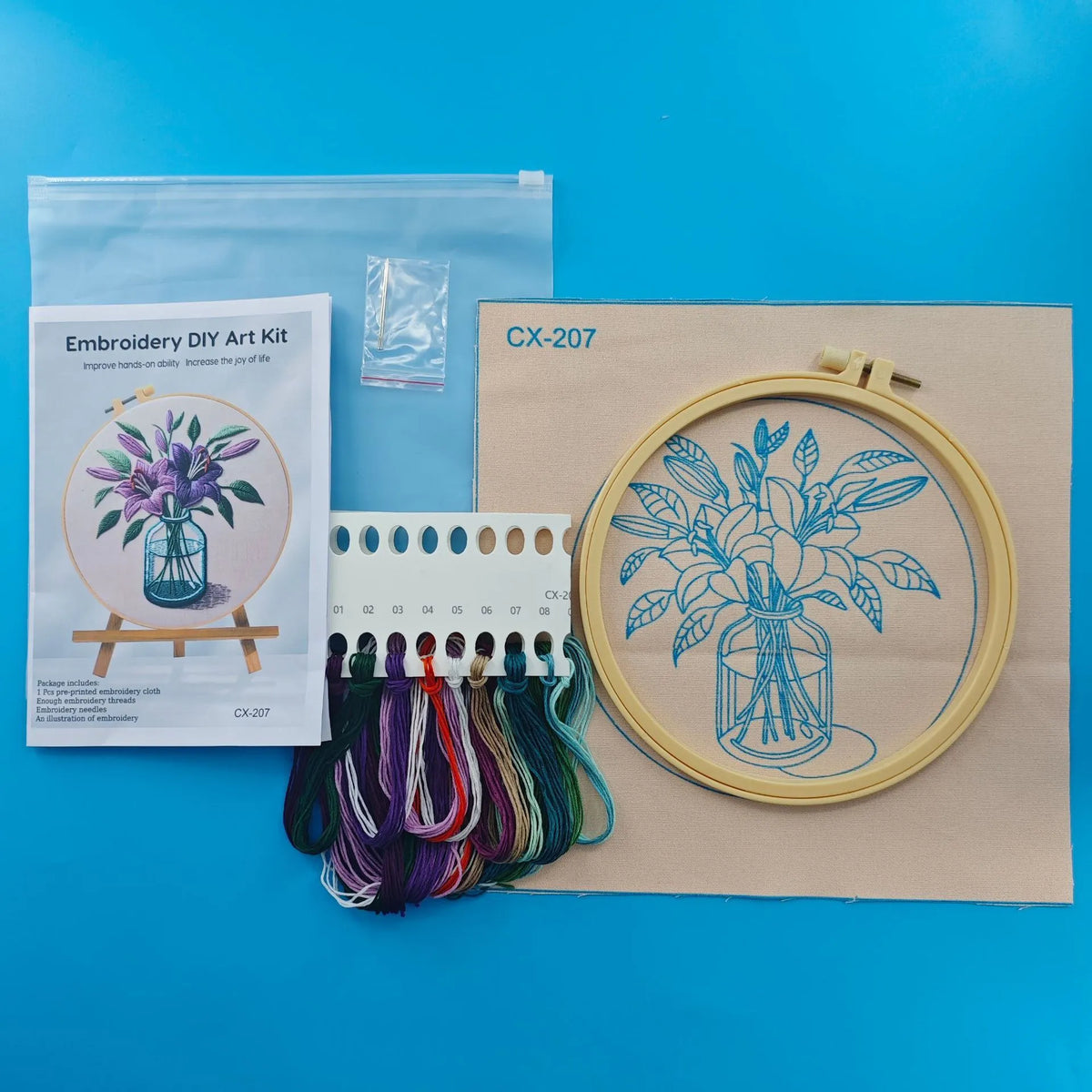 Purple lily flower embroidery on 28x28cm cotton linen cloth with 20cm imitation bamboo frame stand