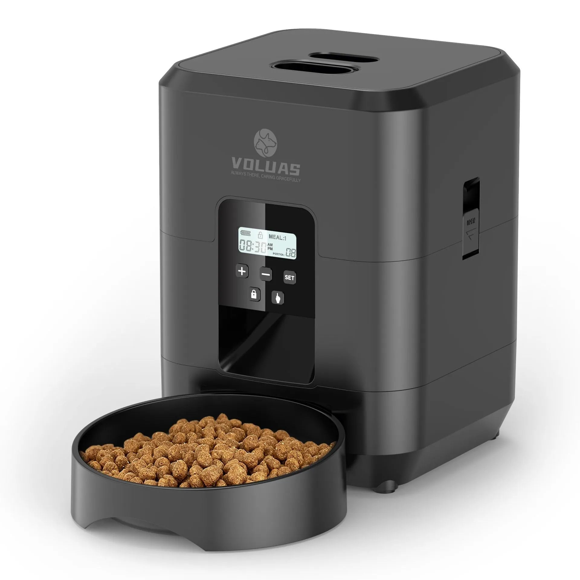 Automatic cat feeder with timer display and food container in white or black colour options