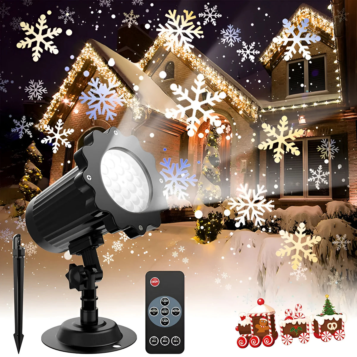 LED Christmas snowflake laser projector with white moving patterns on a dark garden wall at night