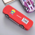 Metal tinplate double-layer stationery box in racing car shape with cartoon pattern, dimensions 20x6.5x3 cm