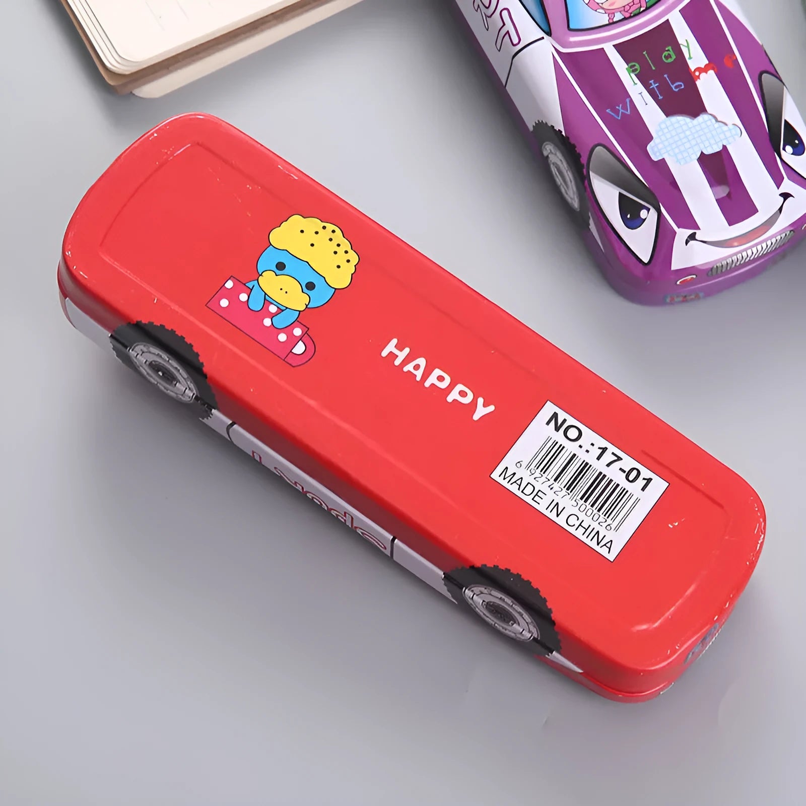 Metal tinplate double-layer stationery box in racing car shape with cartoon pattern, dimensions 20x6.5x3 cm