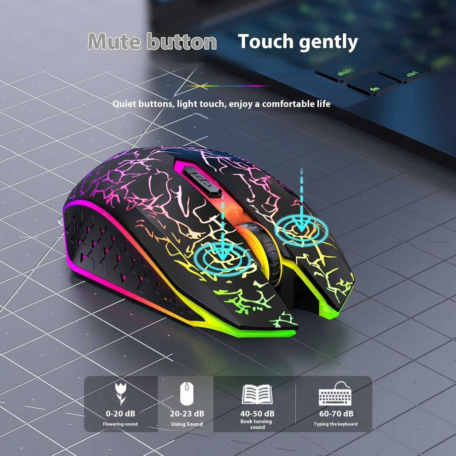 Black and white wireless gaming mouse with luminous breathing light and charging cable