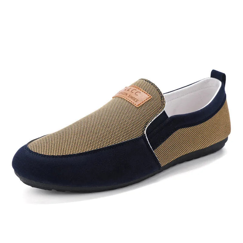 Men's grey canvas board shoes with round toe and rubber sole