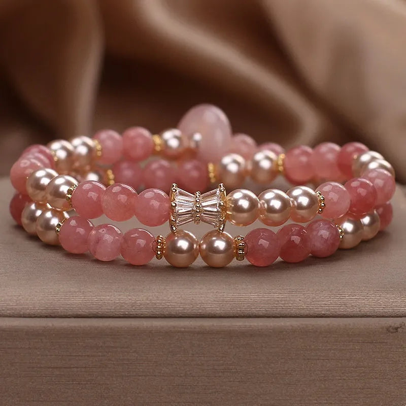 Pink strawberry quartz pearl bracelet for women, crystal beaded sweet style jewellery