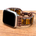 Rectangular tiger eye stone beads on adjustable textile watch strap for men in bohemian retro style
