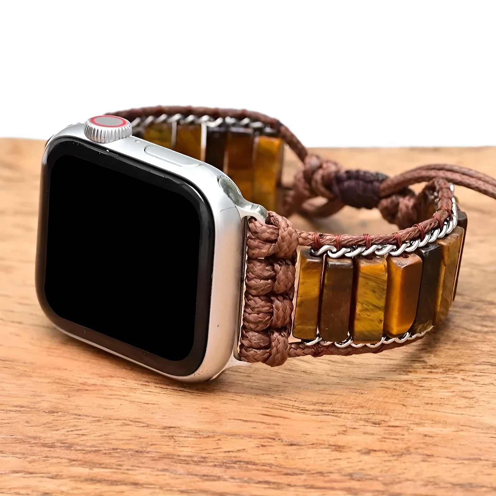 Rectangular tiger eye stone beads on adjustable textile watch strap for men in bohemian retro style
