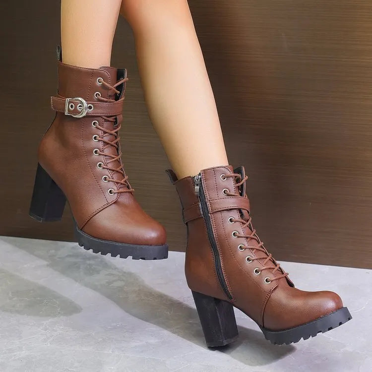 Women's plus size Martin ankle boots in black or dark brown with belt buckle, side zipper, and short stout heel, sizes 35-42