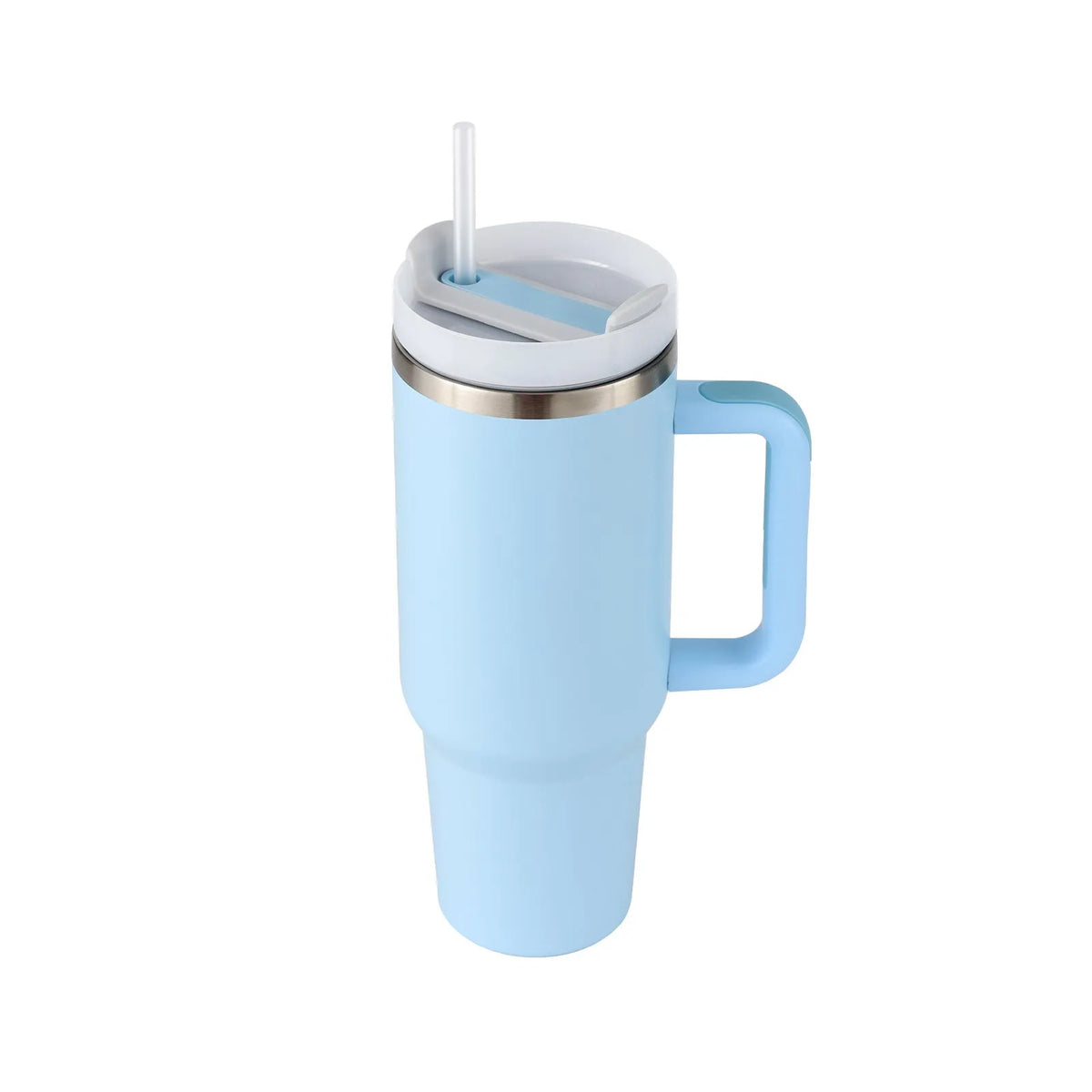 40 oz insulated stainless steel tumbler with handle straw and spill proof lid in a tapered design for car or gym use