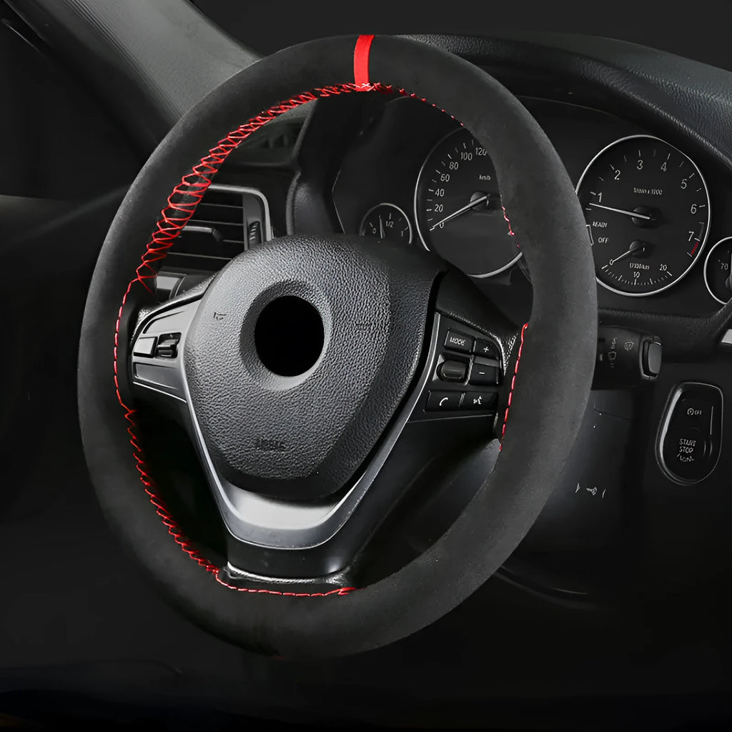 Black suede and microfiber steering wheel cover fitting 38cm diameter steering wheel