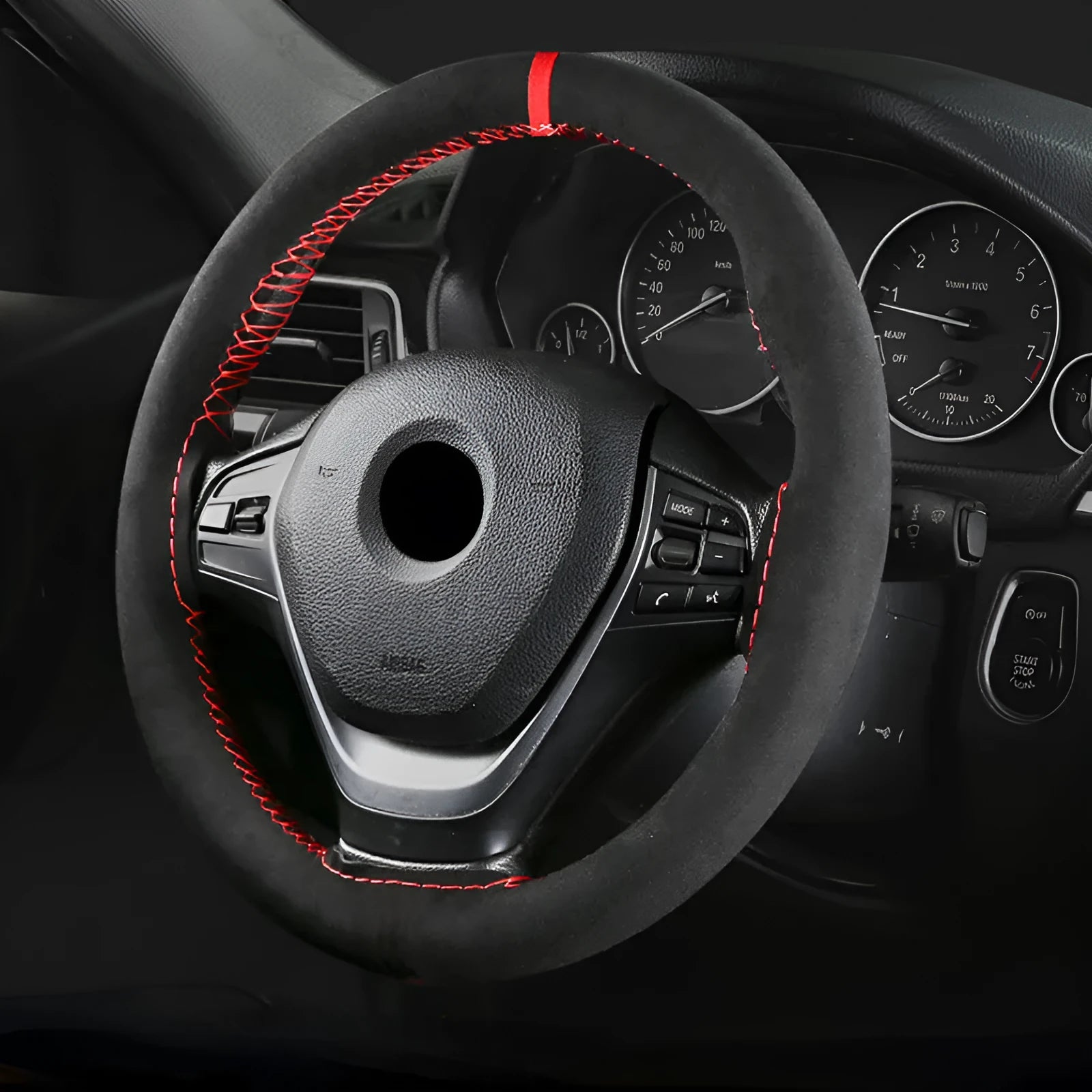 Black suede and microfiber steering wheel cover fitting 38cm diameter steering wheel