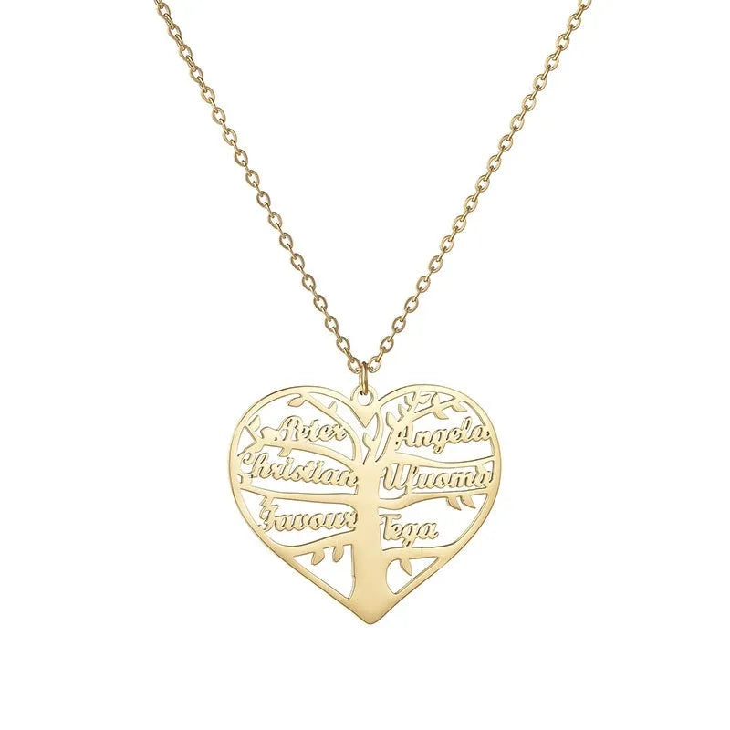 Custom stainless steel name necklace with heart and tree pendant, shown in silver, gold, and rose gold finishes.