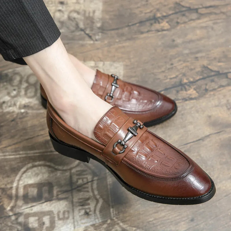 Men's black pointed toe slip-on formal shoes with belt buckle, artificial PU upper, low-top wedding groom's footwear