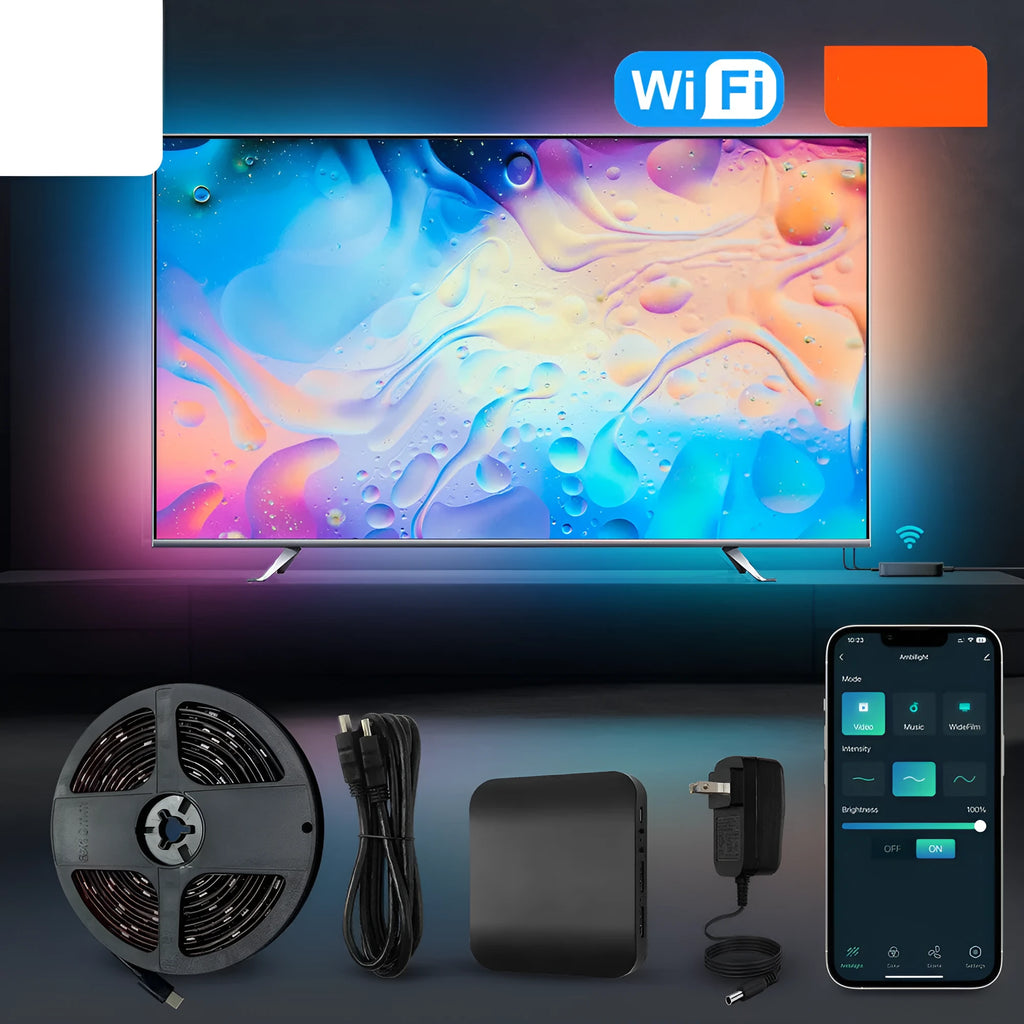 Smart LED light strip kit for TV backlighting with app control and waterproof plastic housing.