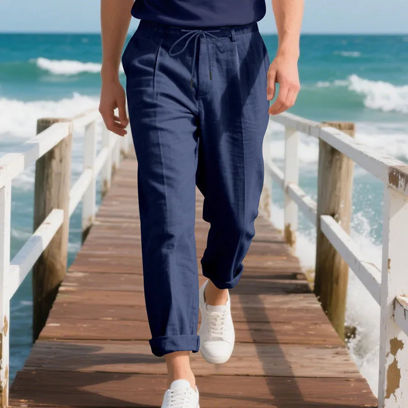Men's linen casual pants in straight-leg style with drawstring waist in various colours