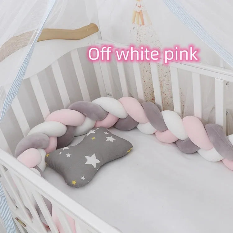 Baby crib bumper braid knot pillow cushion in spandex velvet fabric, shown in a multi-colour option.