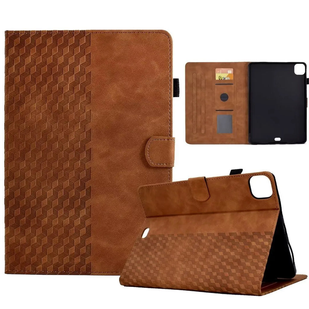 Embossed leather iPad case for iPad Pro 11 and Air 11 with card holder slot and stand open.
