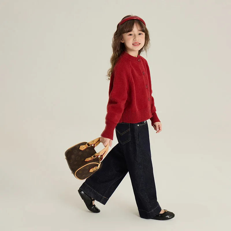 Girl's red knitted cardigan, Korean style, single-breasted, long sleeve, sizes 90cm to 160cm