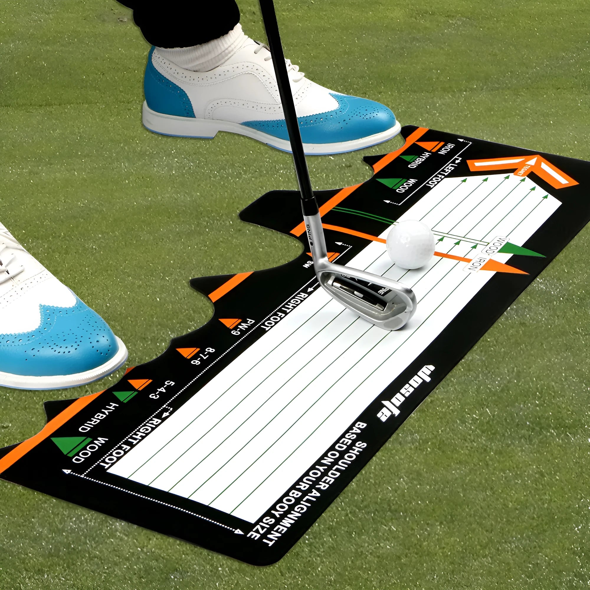 Black neoprene golf swing stance practice pad with alignment markers for posture correction.