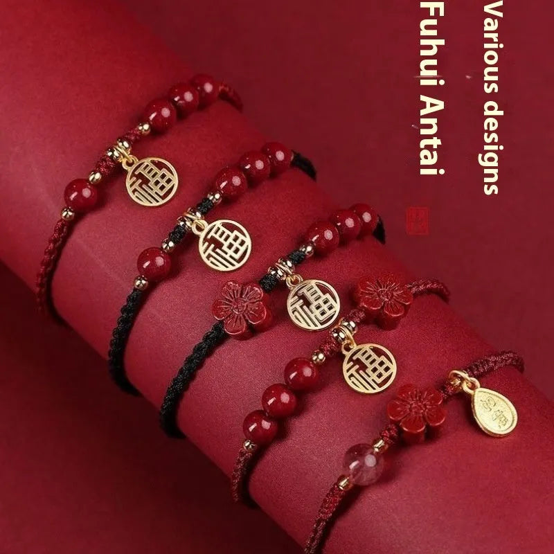 Cinnabar braided rope bracelet with blessing card in black, red, or wine red, round bead or five petal flower style