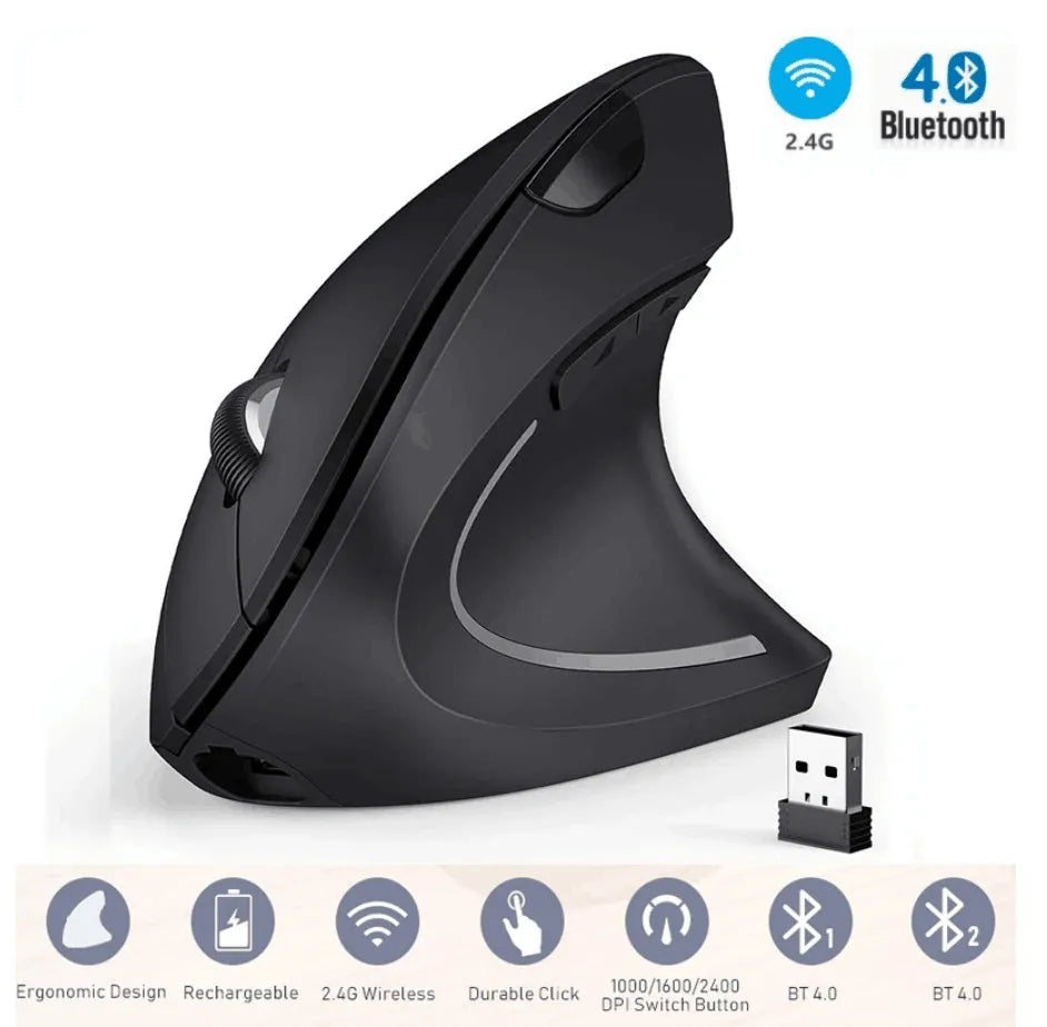 seenDa vertical Bluetooth 2.4G rechargeable wireless mouse in black with RGB lighting and charging cable