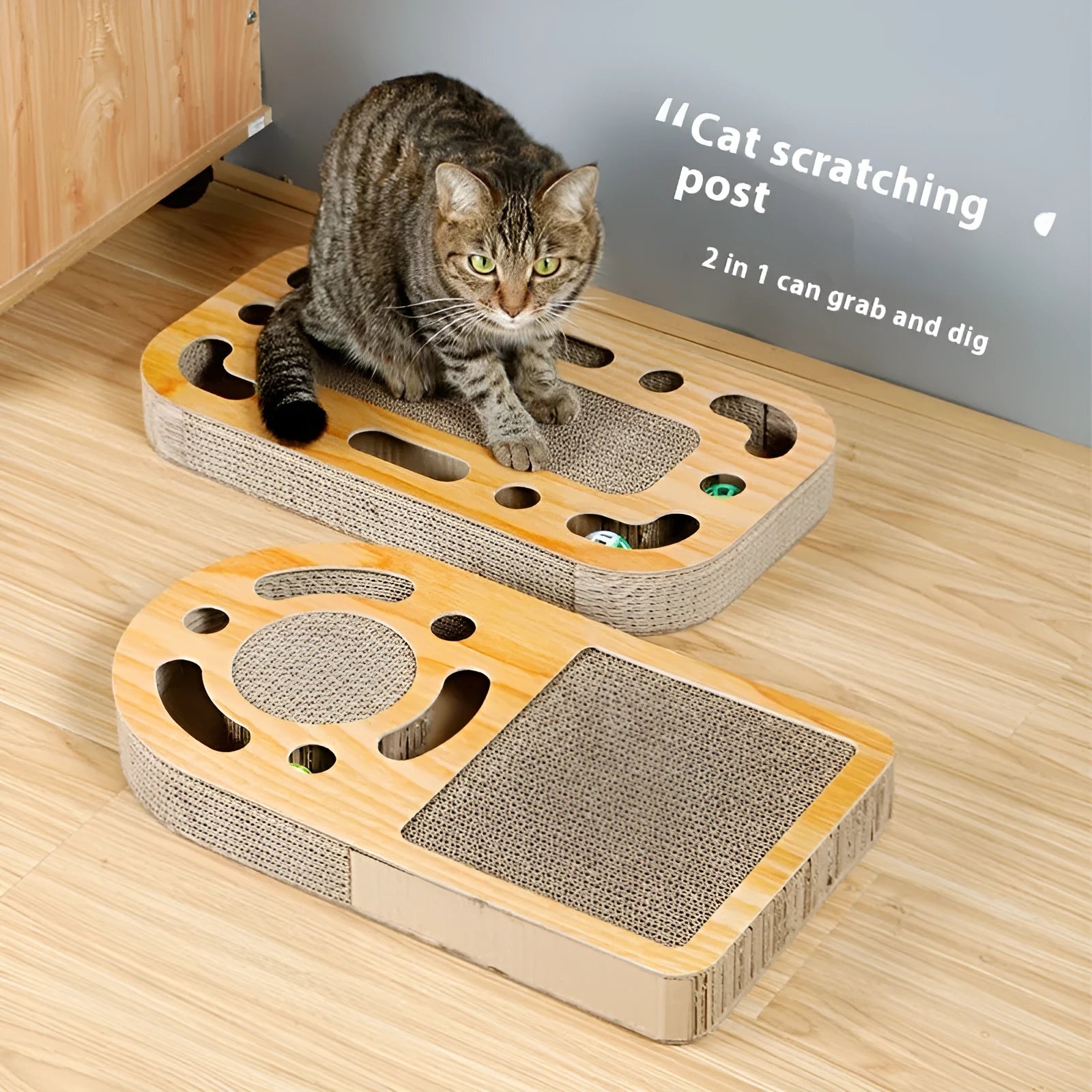 Cat scratching board with corrugated paper texture and toy ball in various style options
