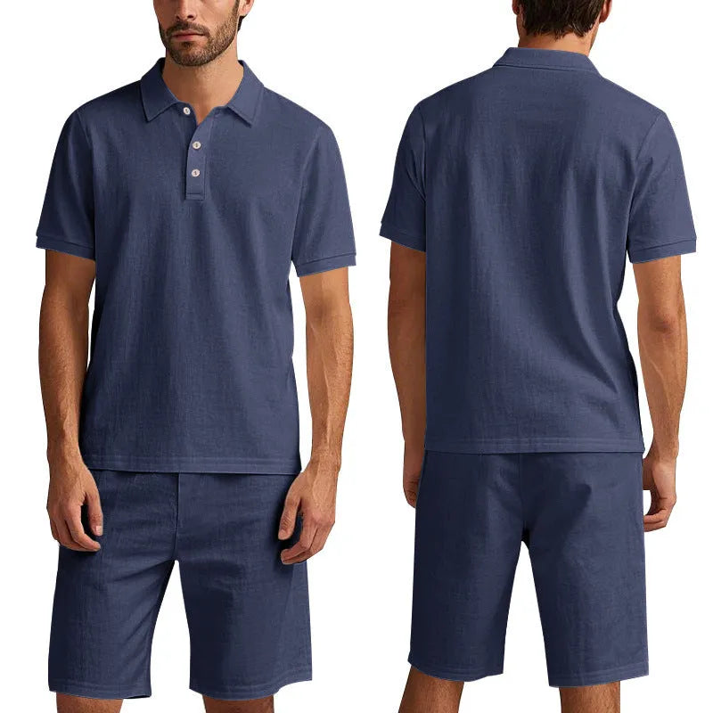 Men's light blue linen blend summer shirt and shorts set on hanger