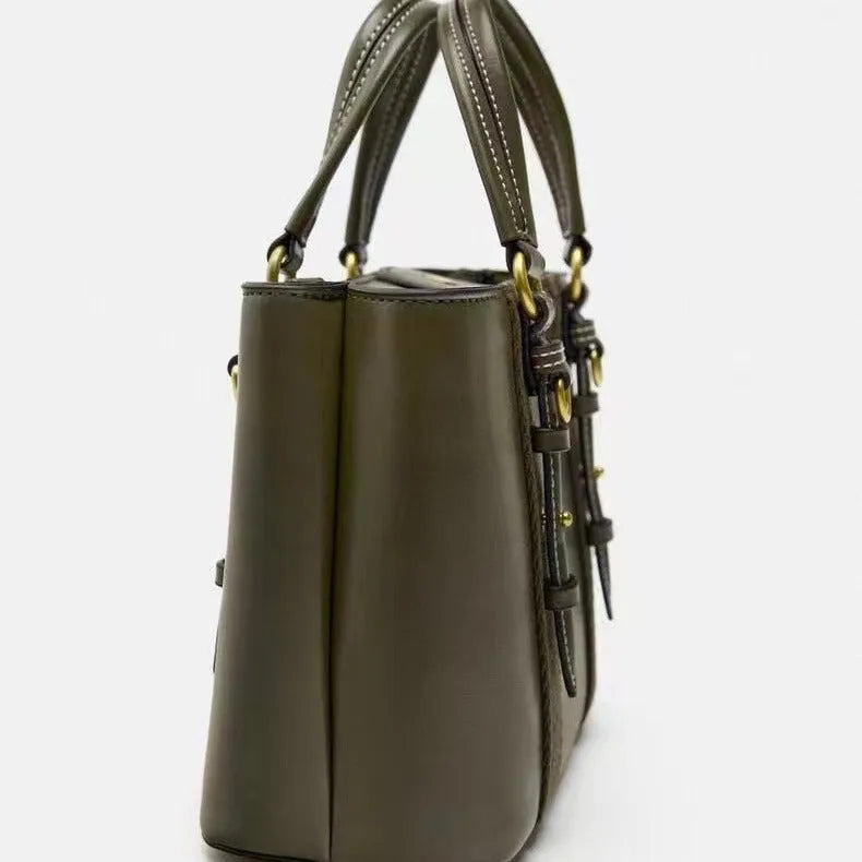 Women's olive green mini city portable messenger bag with single shoulder strap in horizontal square shape