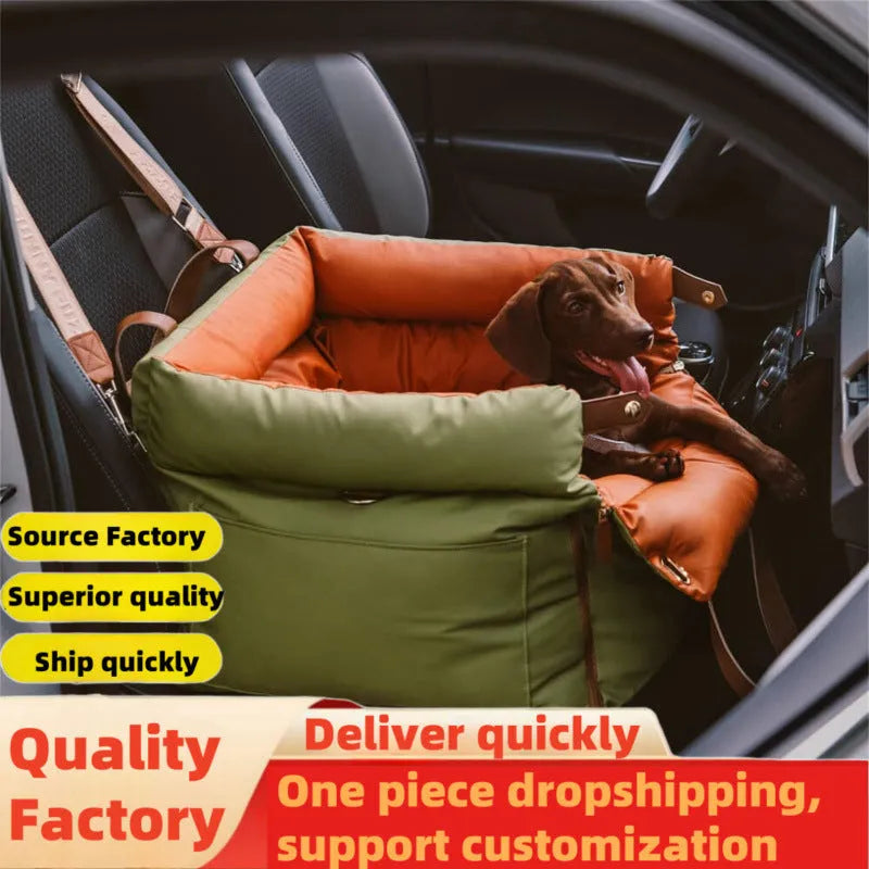 Green removable cover dog car nest with waterproof PU leather, shown next to a car seat.