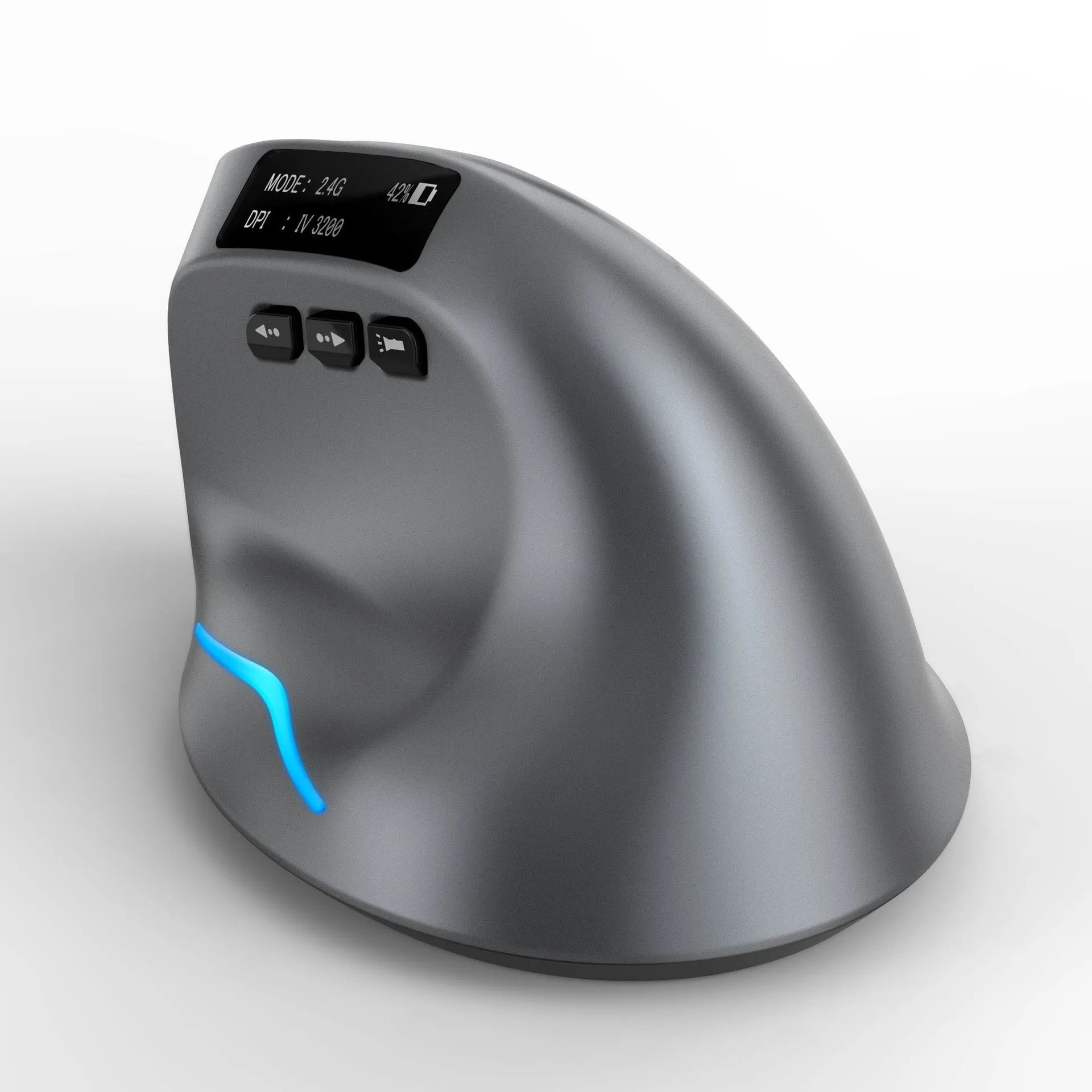 Gray Bluetooth vertical grip wireless mouse with self-charging, shown next to a laptop.