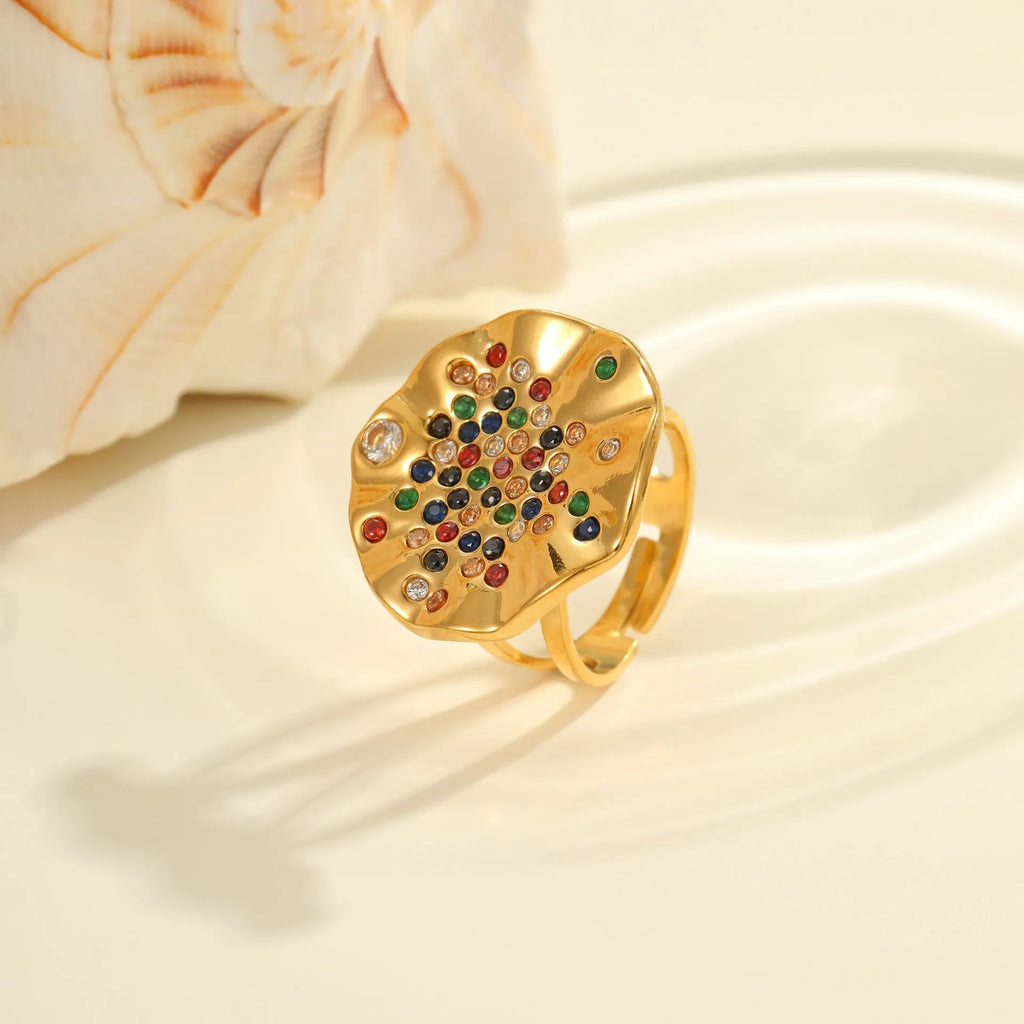 Geometric pleated titanium steel ring with colour diamond inlays and adjustable open mouth design