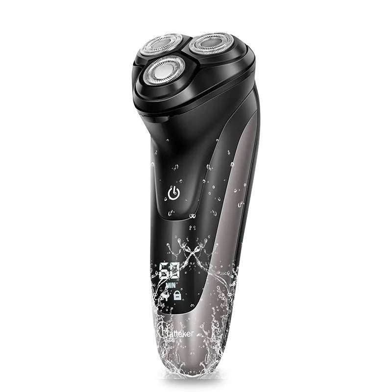 Rechargeable electric shaver for men with three floating heads and a pop-up sideburn trimmer on a stand.