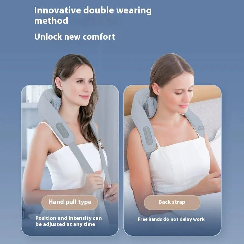 Grey elastic fabric USB rechargeable neck and back massage instrument with two gears.