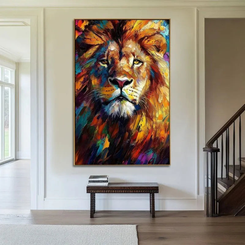 Hand painted colourful lion oil painting on canvas, modern abstract animal wall art, no frame, vertical orientation