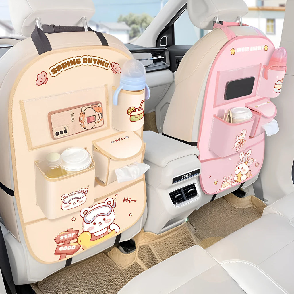 Car seat back storage bag and anti-kick cushion in leather, Bear or Bunny design, supplied as one storage bag