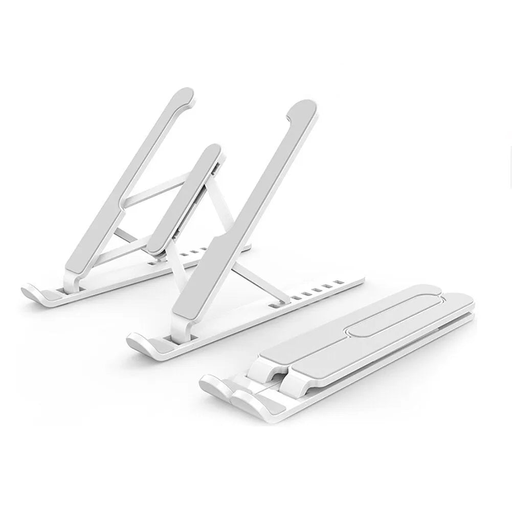 Black adjustable laptop stand with six gear settings, folded for portability, on a desk