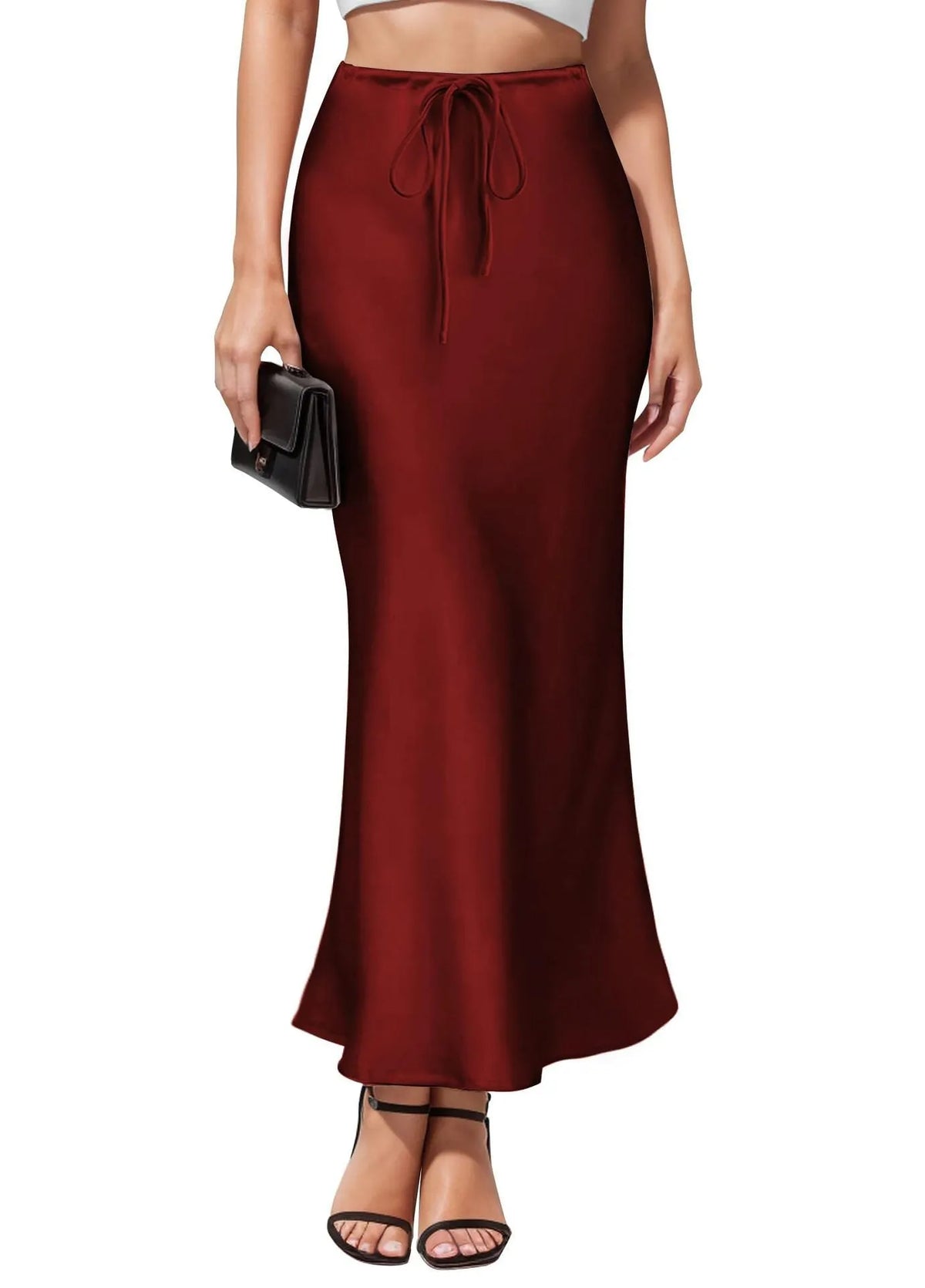 Asymmetric high waist skirt in acetate satin fabric with irregular stitching detail, shown in a choice of colours.