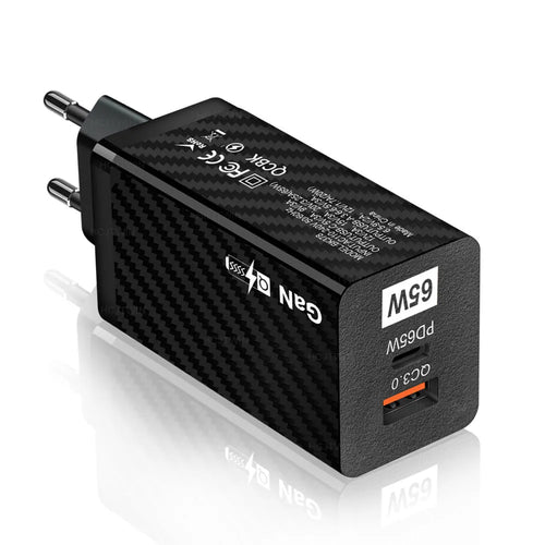 65W Gallium Nitride laptop charger in black with compact rectangular design showing USB+PD port