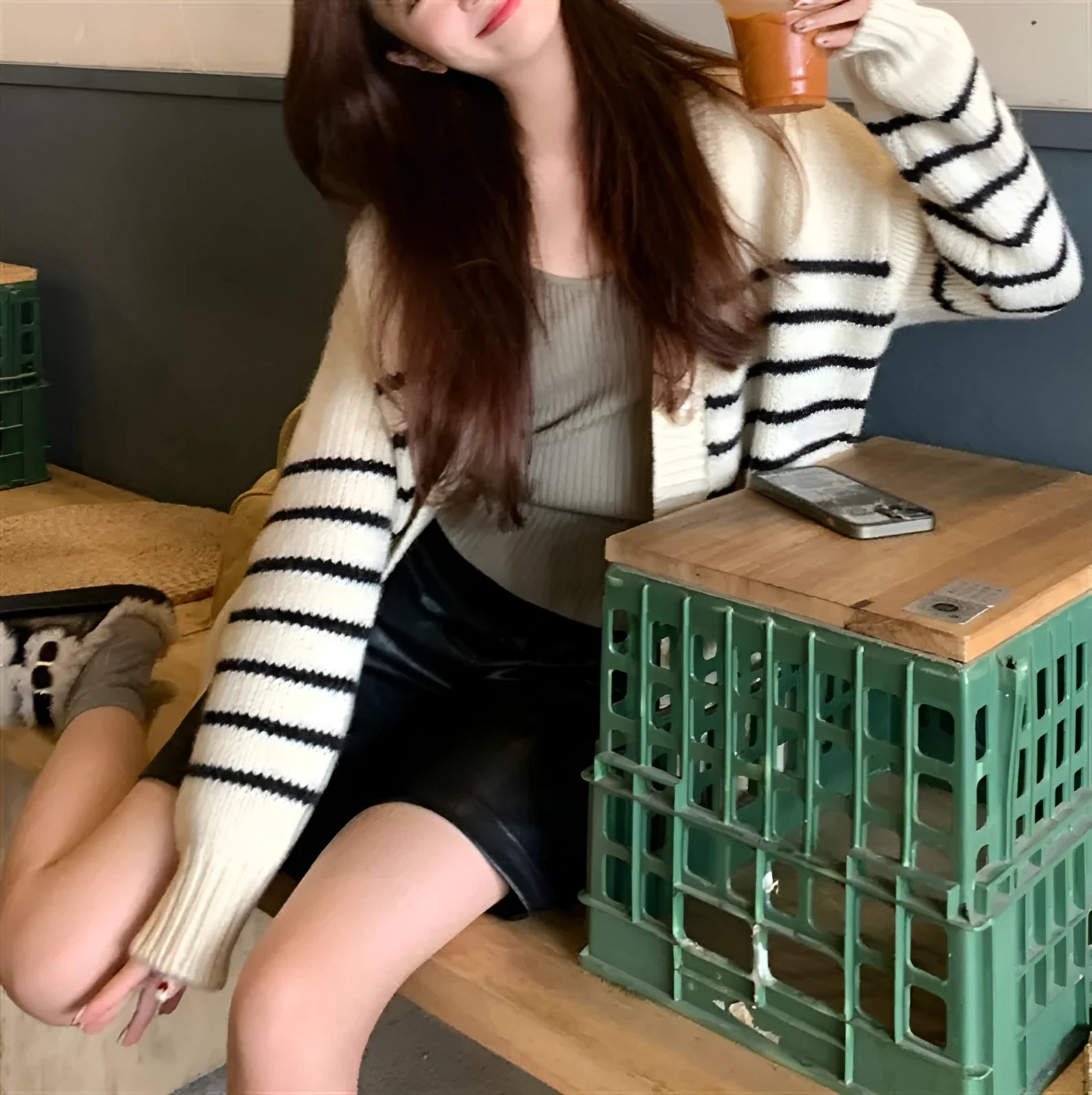Polyester cardigan with 3D pattern and button collar in Japanese Korean casual style