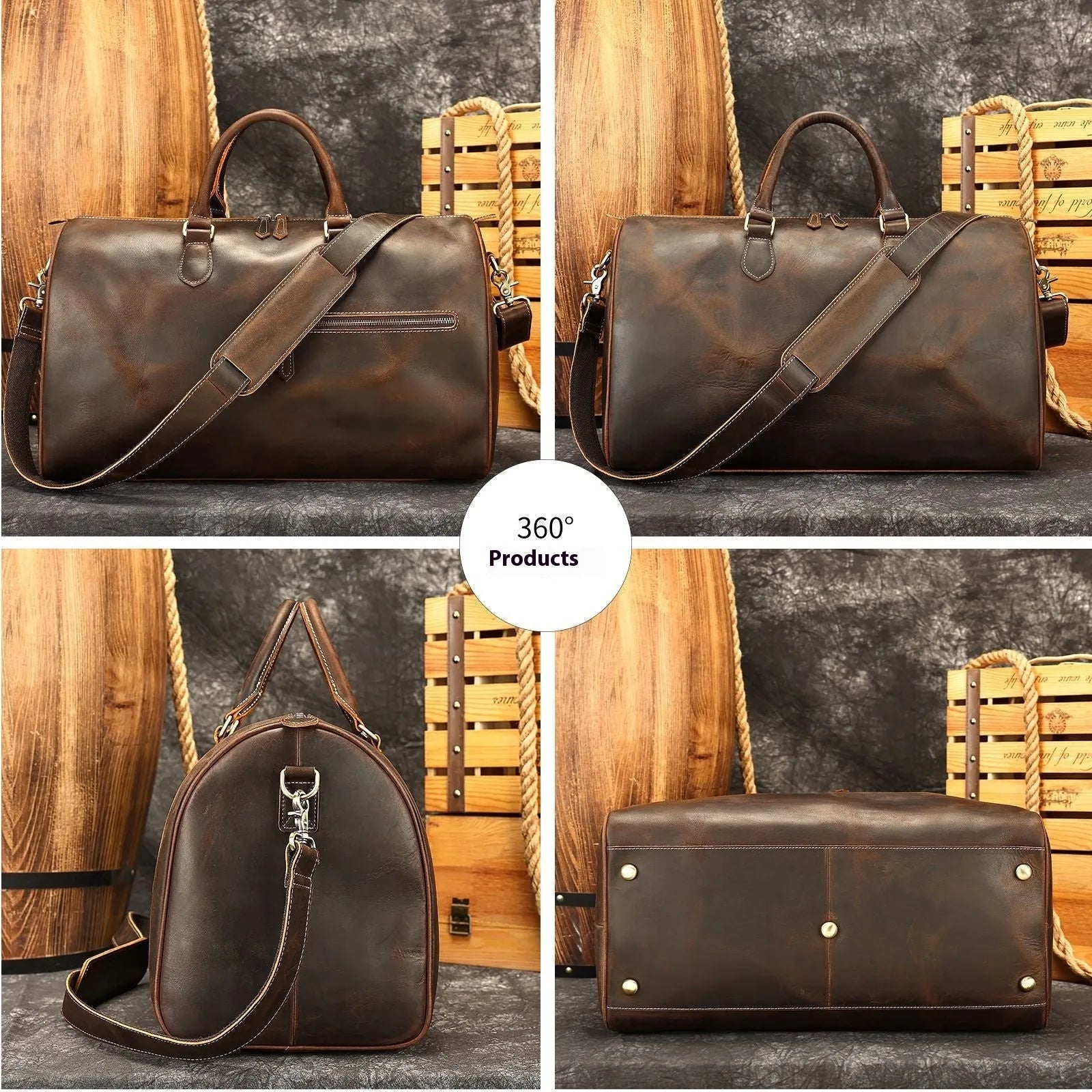 Men's vintage-style genuine leather crossbody bag in large size with crossbody strap.