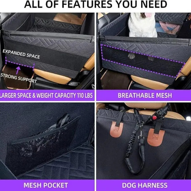 Grey water resistant cloth dog bed measuring 56x56x40 cm for car travel with pets
