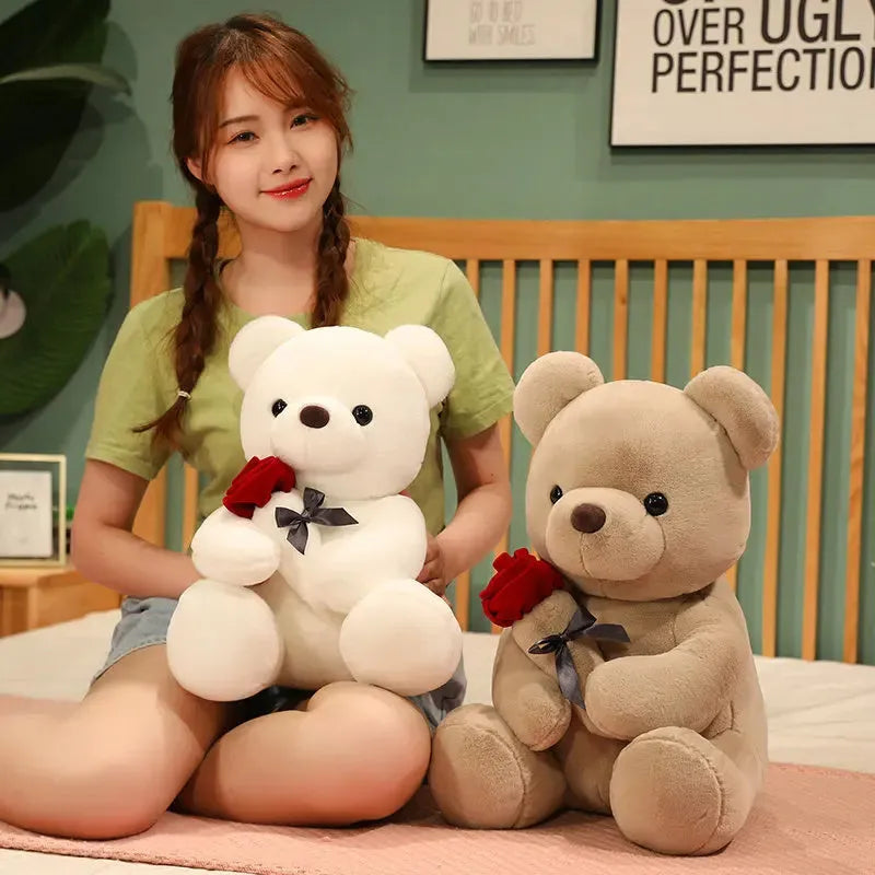 Rose bear plush teddy bear pillow in soft short plush fabric with PP cotton filling