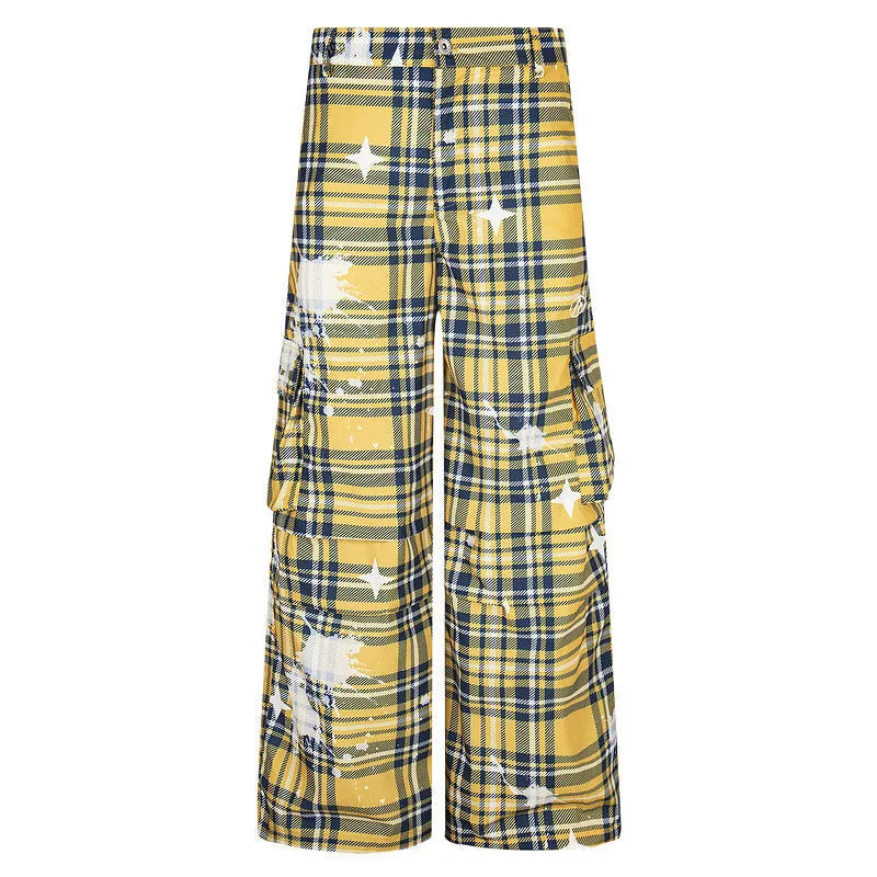 Man wearing blue retro plaid loose-fit straight leg casual trousers.